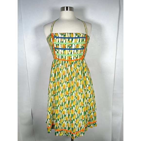 FREE PEOPLE Smocked Halter Dress Size 4 Yellow Lemon Pattern Sleeveless *Read - Picture 11 of 11